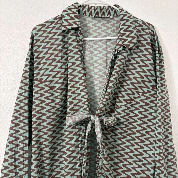 Zara Printed Tunic Long Sleeve Side Slit Front Tie Closure Retro Size XL - Picture 3 of 11